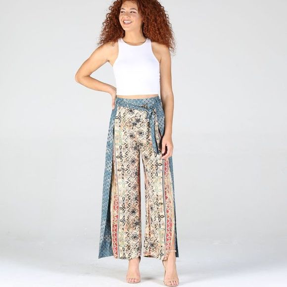 Dual Print Tie Waist Split Leg Pant - Picture 8 of 8